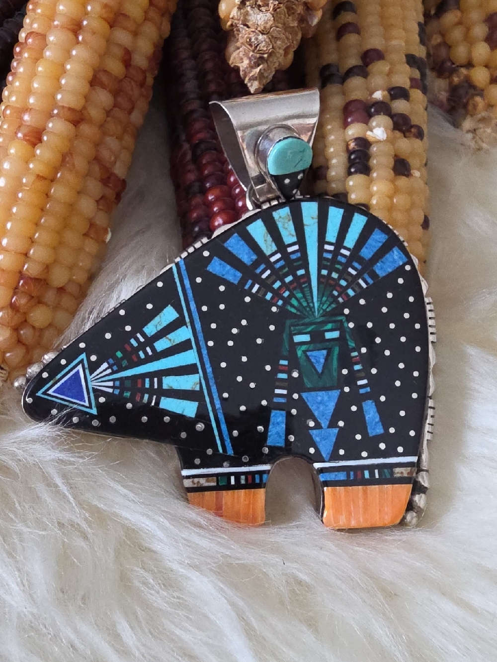 Amazing Large Native American Gemstone Micro-inlay Bear Pendant By Ray Jack 🖤🐻